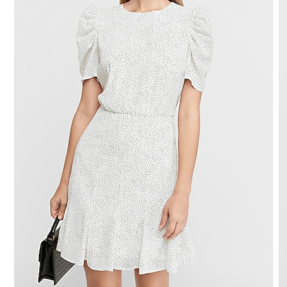Express dress Dotted Puff Sleeve Fit and Flare.